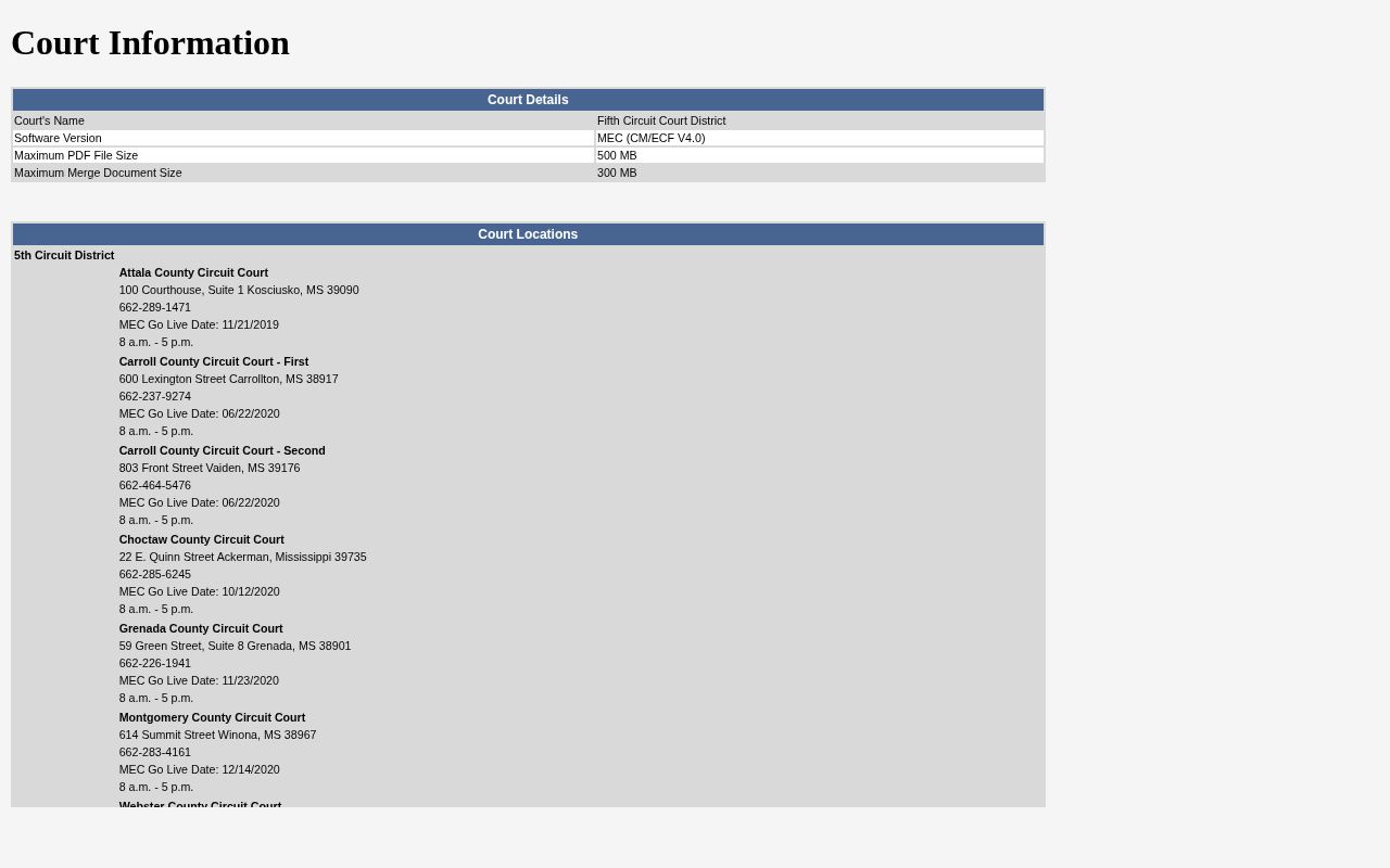 Grenada Circuit Court information for detention center release records